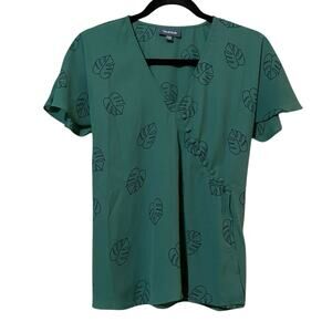 Modcloth Womens Green Palm Leaf V Neck Flutter Sleeve Back Tie Blouse Top Sz XXS